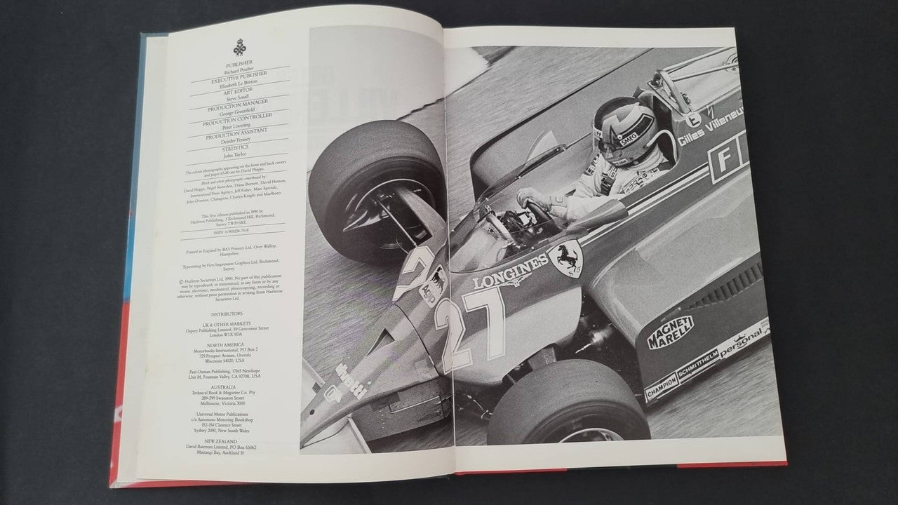 Gilles Villeneuve racing book, open pages with technical race car close-up