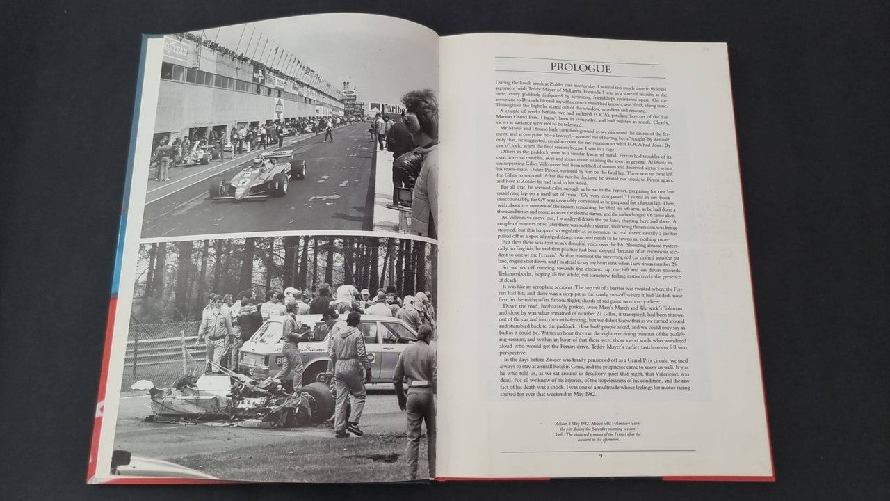 Gilles Villeneuve racing book, open spread with crowd track photo and text