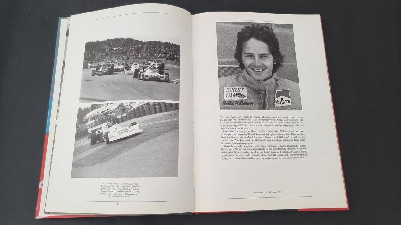 Gilles Villeneuve racing book, open spread with track photo and driver portrait