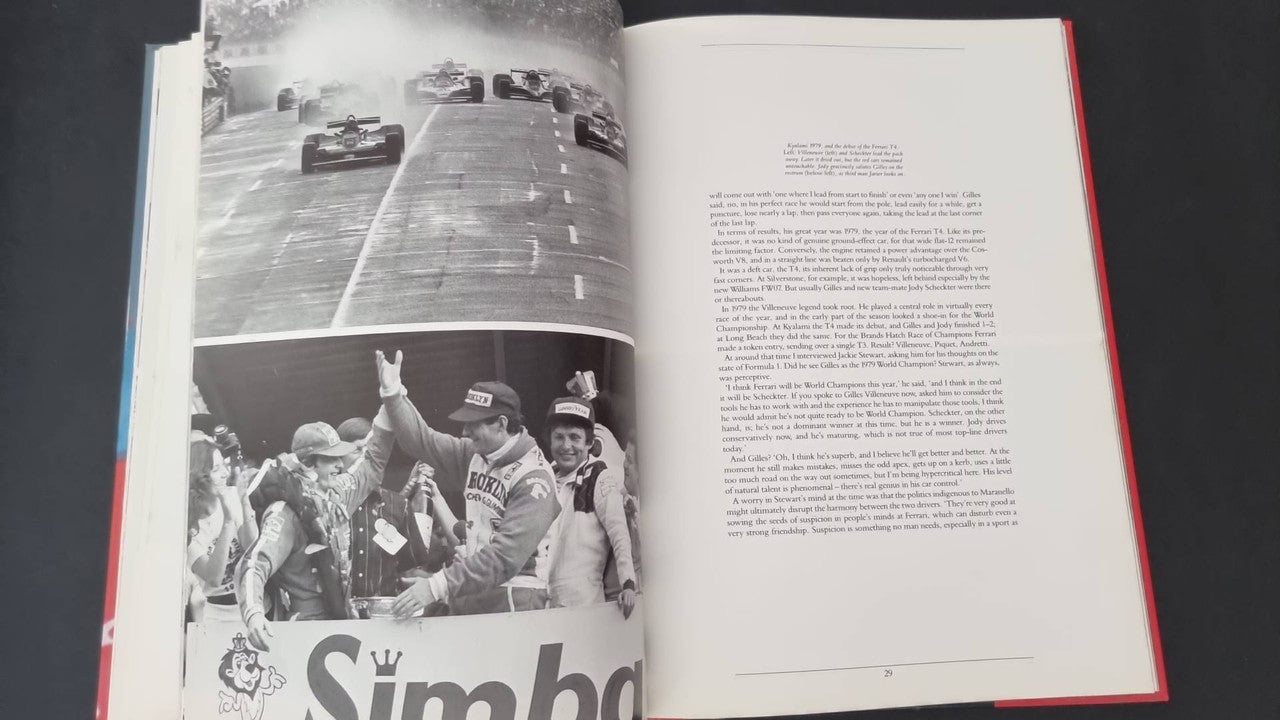 Gilles Villeneuve racing book, open pages showing black-and-white photos and captions