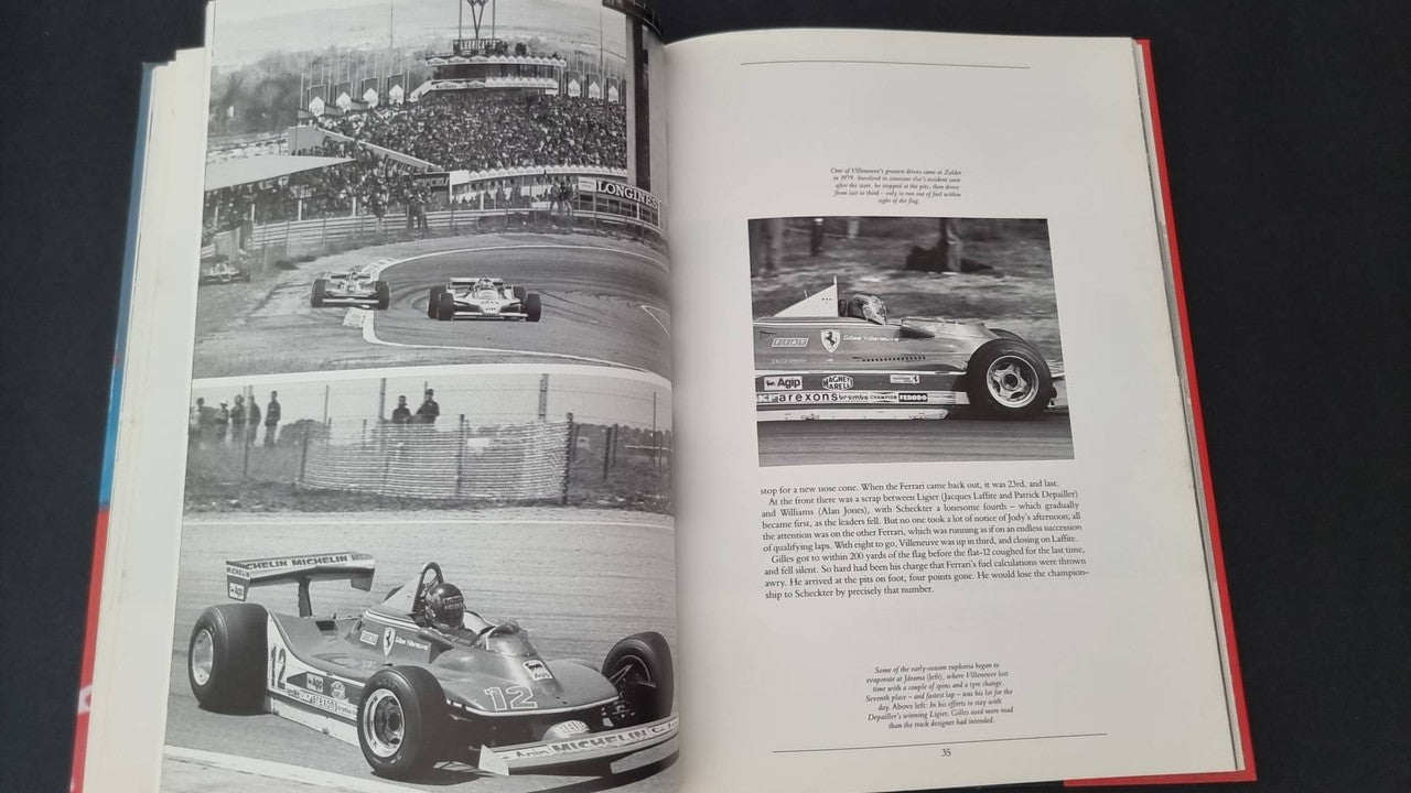 Gilles Villeneuve racing book, open pages with black-and-white race car photos