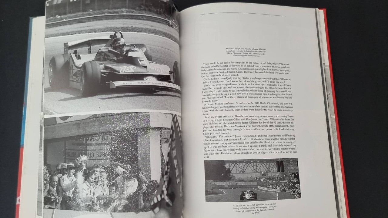 Gilles Villeneuve racing book, open pages with car action photos and body text