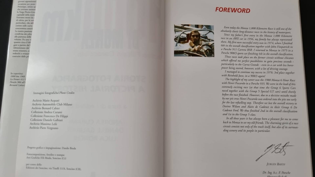 Motorsport book foreword page with “FOREWORD” heading and signature at bottom