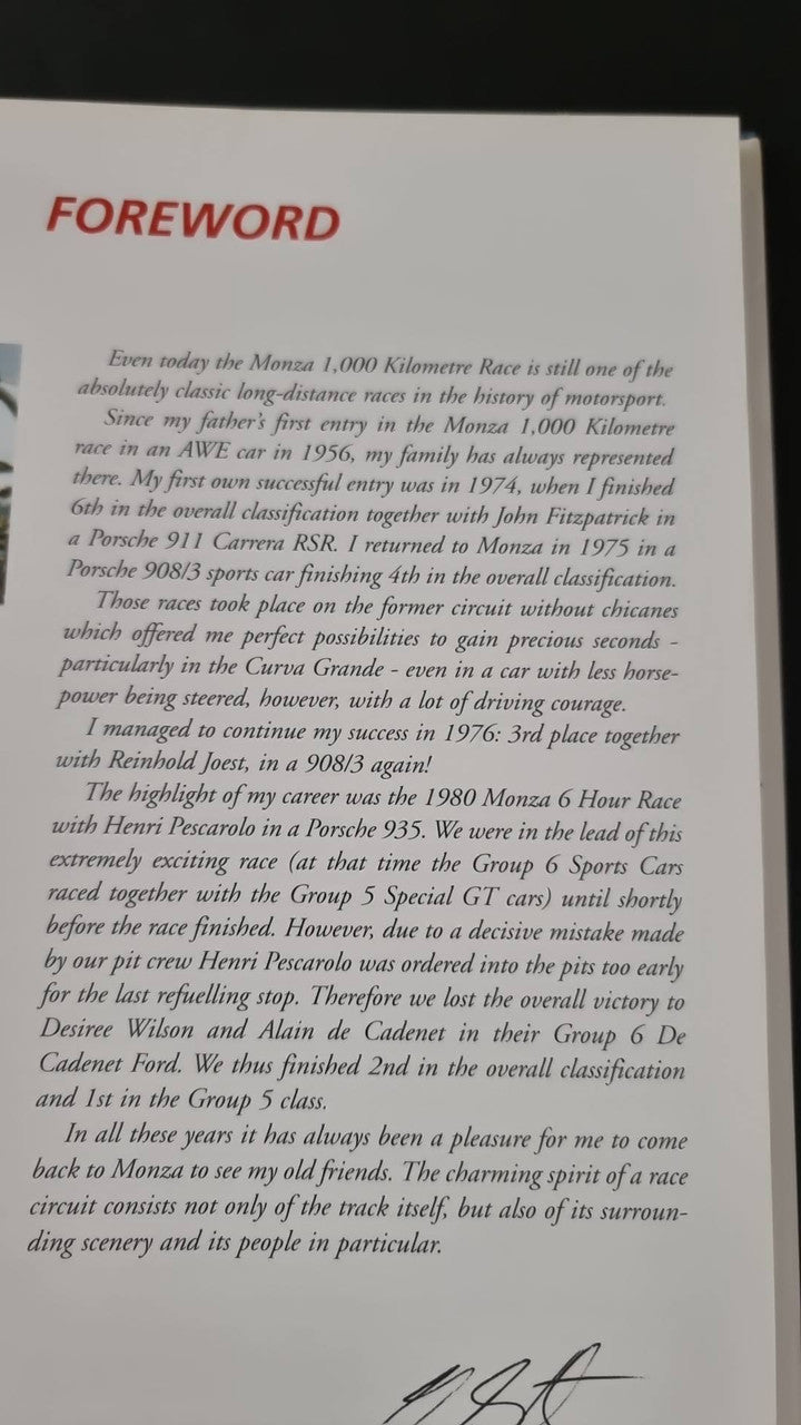 1000km di Monza book foreword page with paragraph text and signature