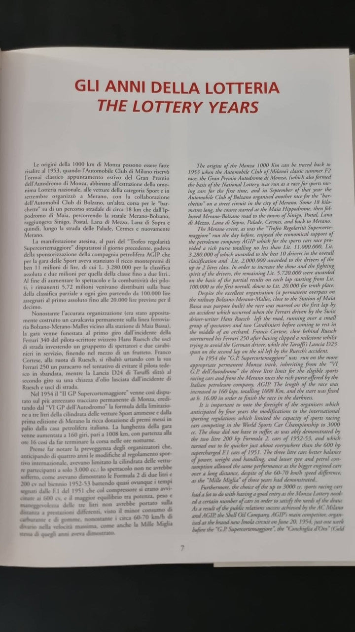 1000km di Monza book title page with 'THE LOTTERY YEARS' text