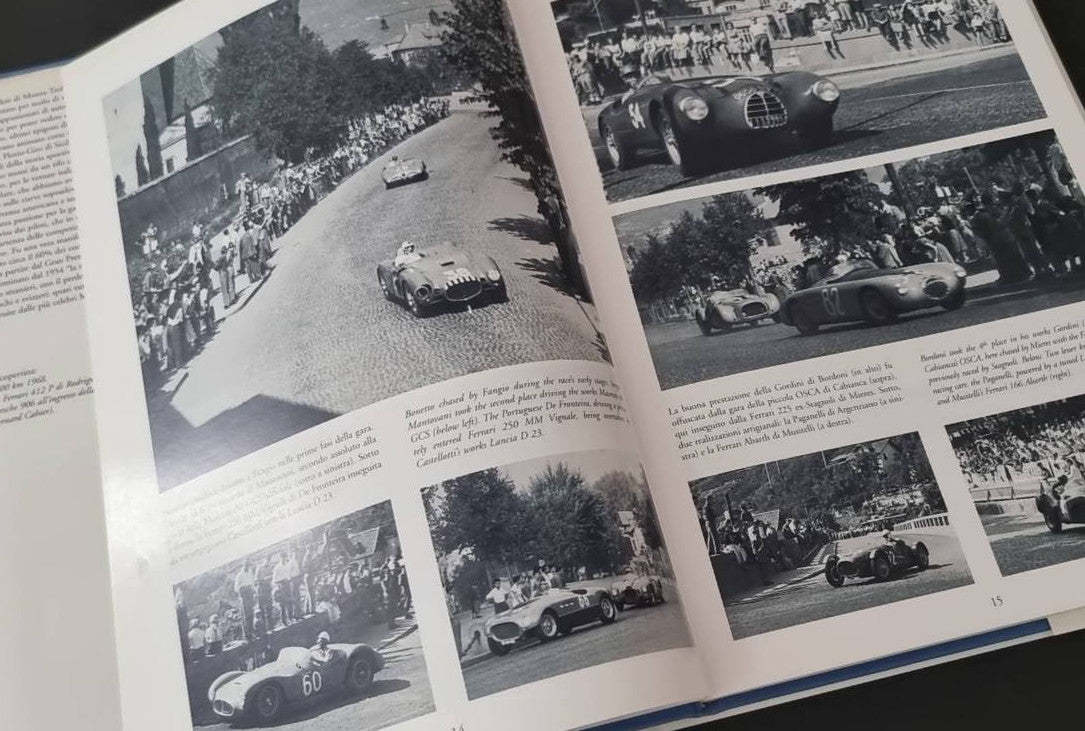 Open motorsport book page with black-and-white race photos and captions