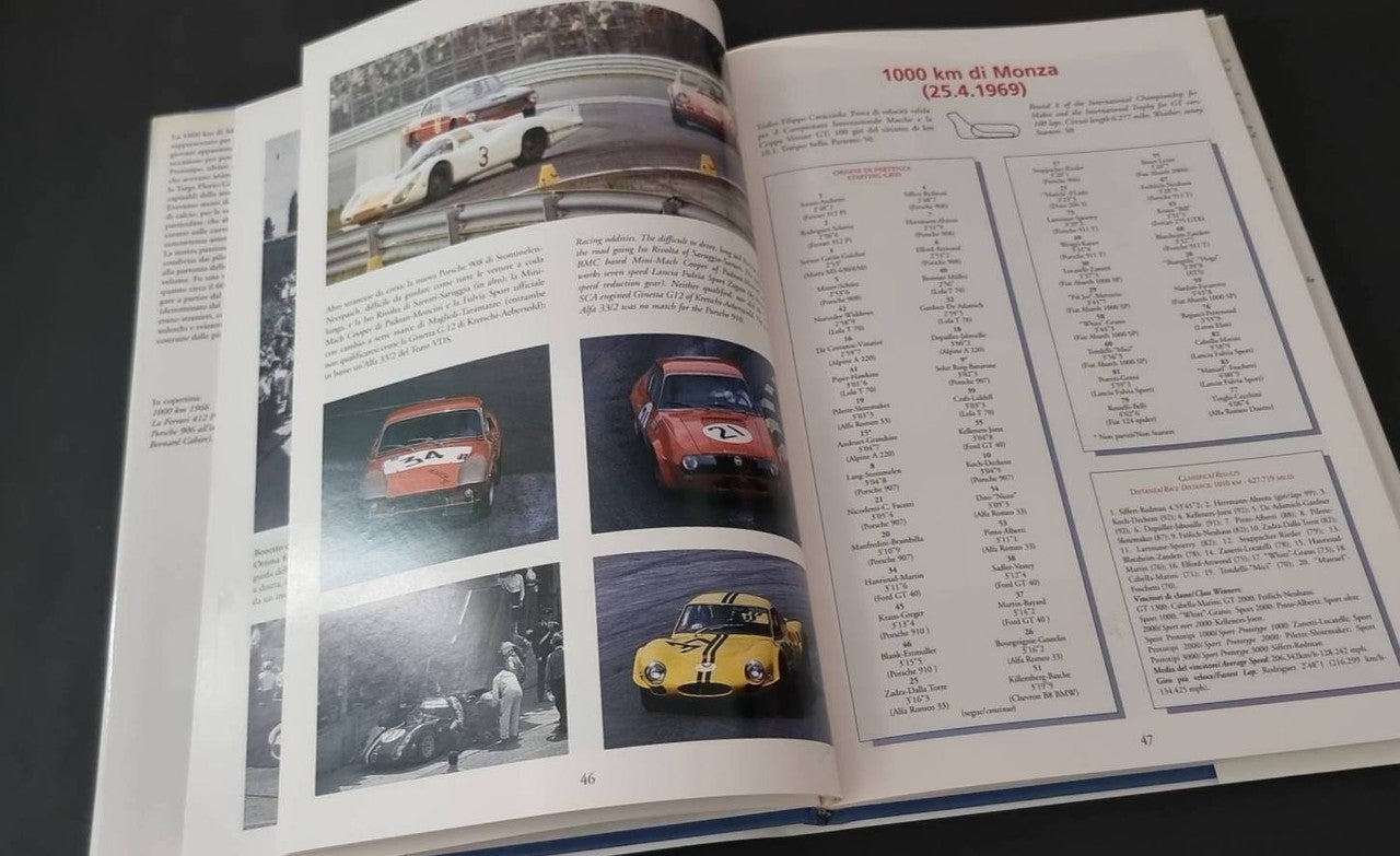 Open motorsport book spread with colored car photos and a race list table