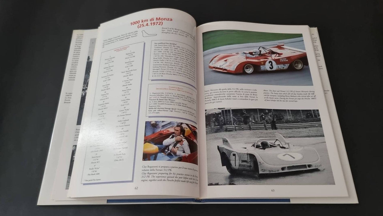 Open motorsport book spread with a car lineup image and two large photo sections