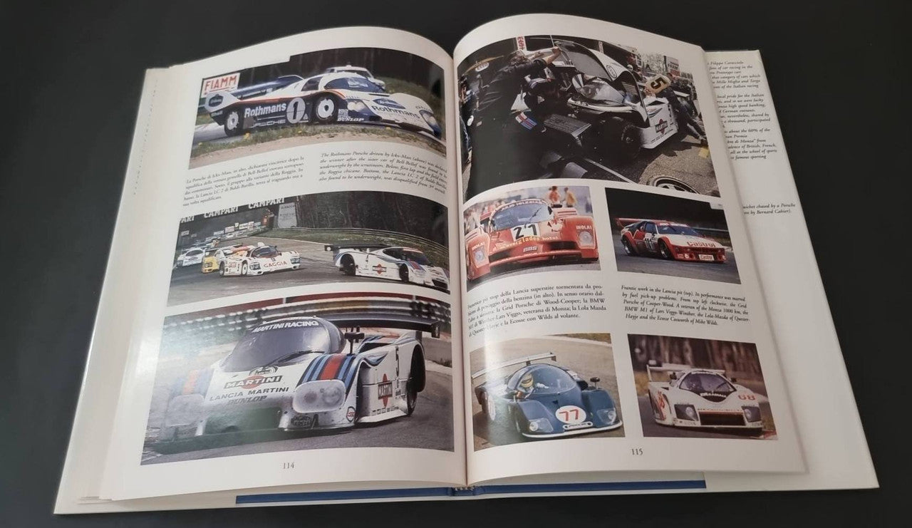 Open motorsport book spread with race car action photos and close-up portraits