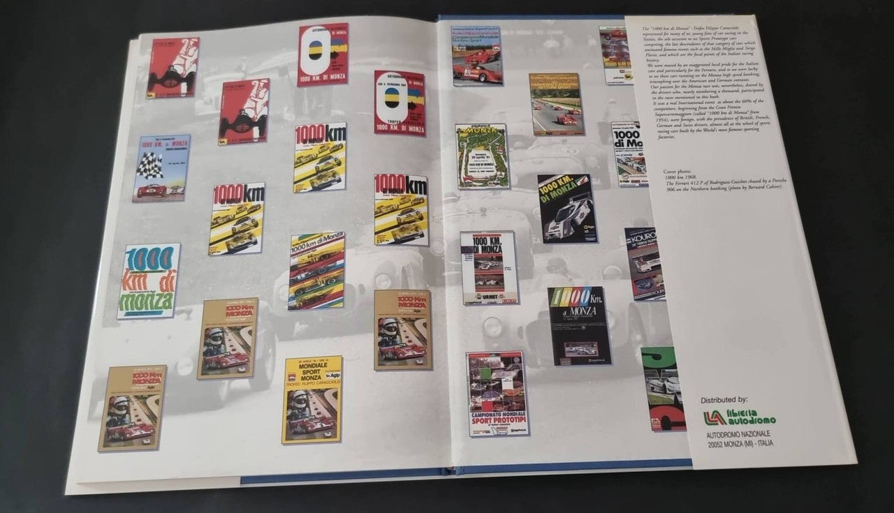 Open motorsport book page showing many small event covers and thumbnail images