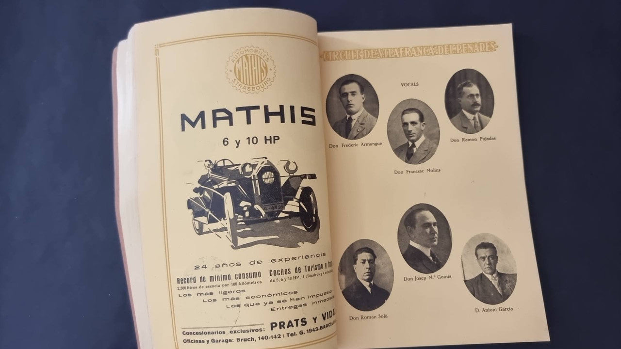 Vintage open booklet page with car engine illustration and circular portrait photos