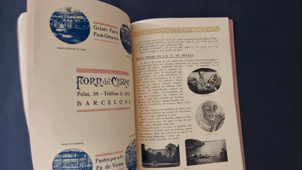 Vintage open booklet with printed pages, circular logos, and black-and-white photos