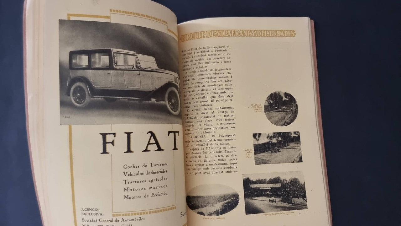 Vintage open booklet featuring Fiat text and a black-and-white car photo