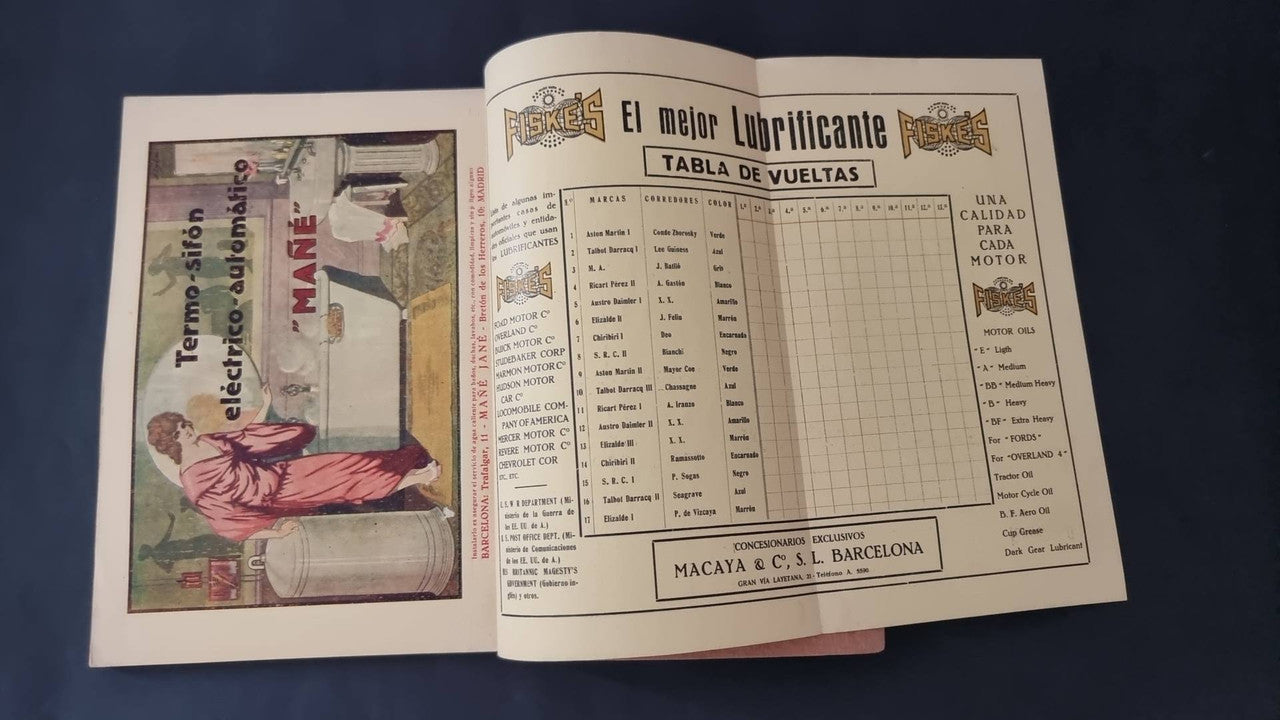 Vintage open booklet with lubricants table and a poster-style car advertisement