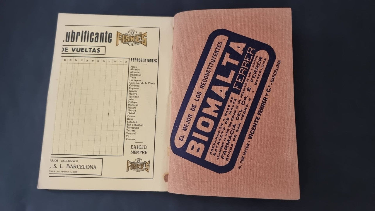 Vintage open booklet showing a lubricant chart page and a Bio-Malta Ferrer label