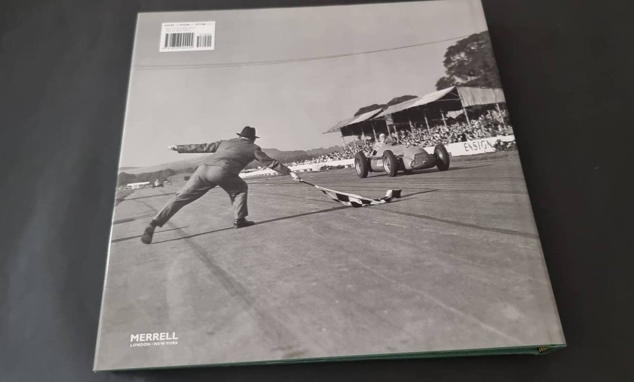 Motor racing history book cover with black-and-white airfield photo