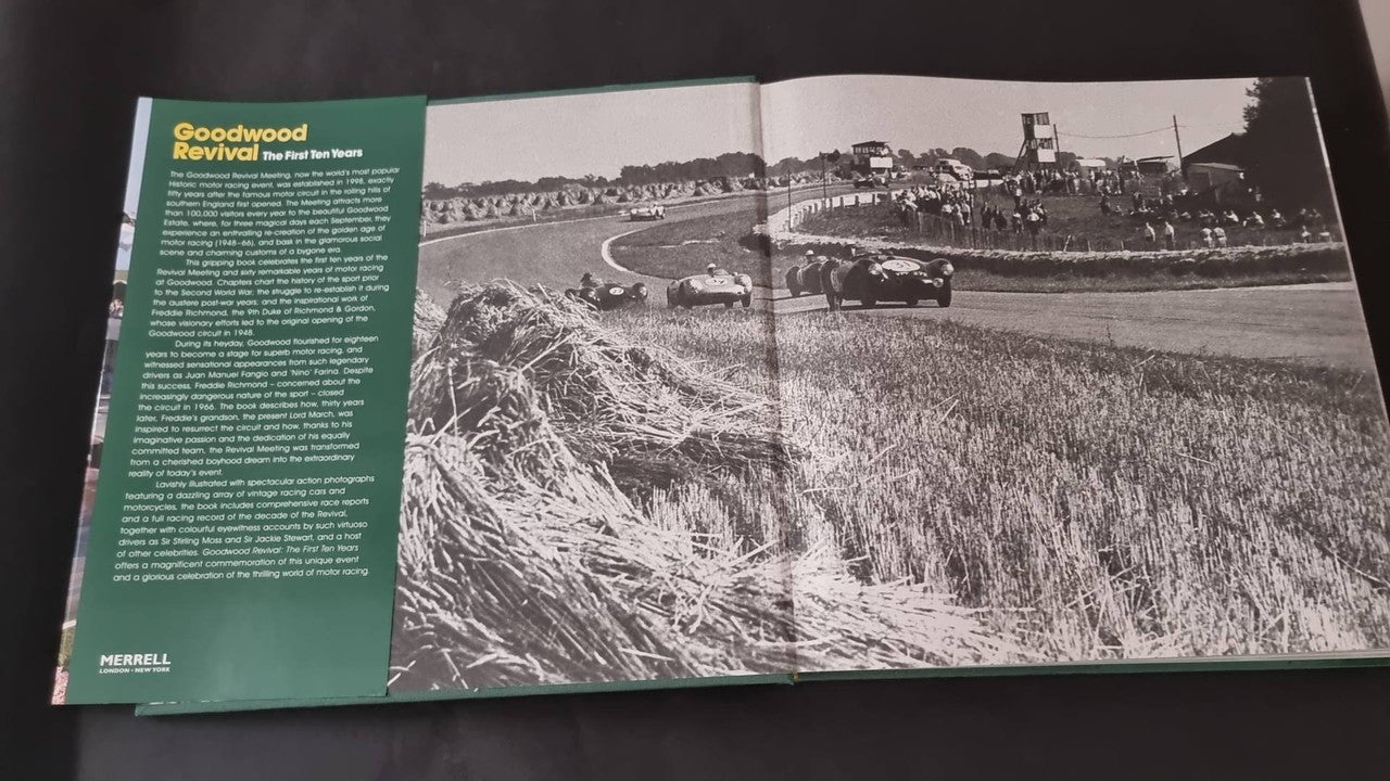 Open book spread with a large black-and-white race scene photo