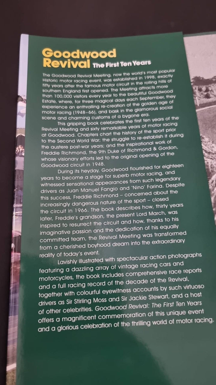 Motor racing history book back cover with a dense printed text block
