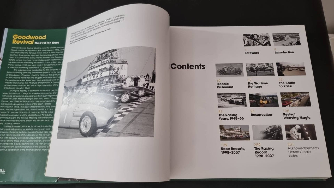Open book showing Contents with small race photos and section headings