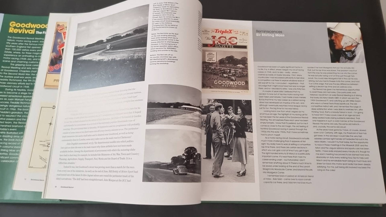 Open book spread with multiple photos and blocks of printed text