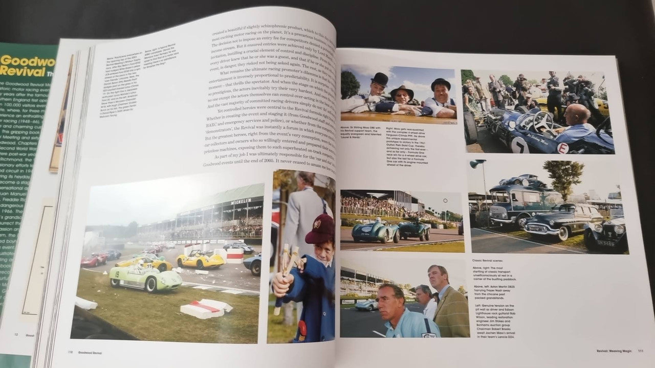 Open book spread with color event photos and blocks of printed text