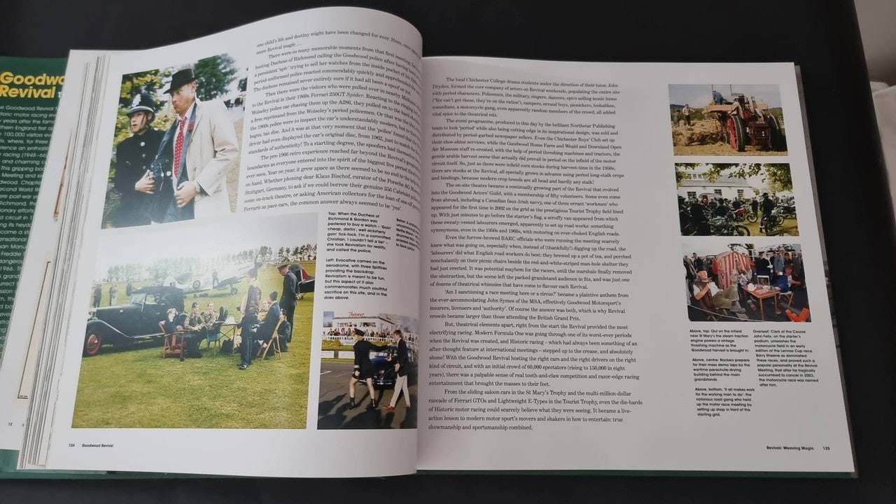 Open hardcover book with multiple event photos and dense article text