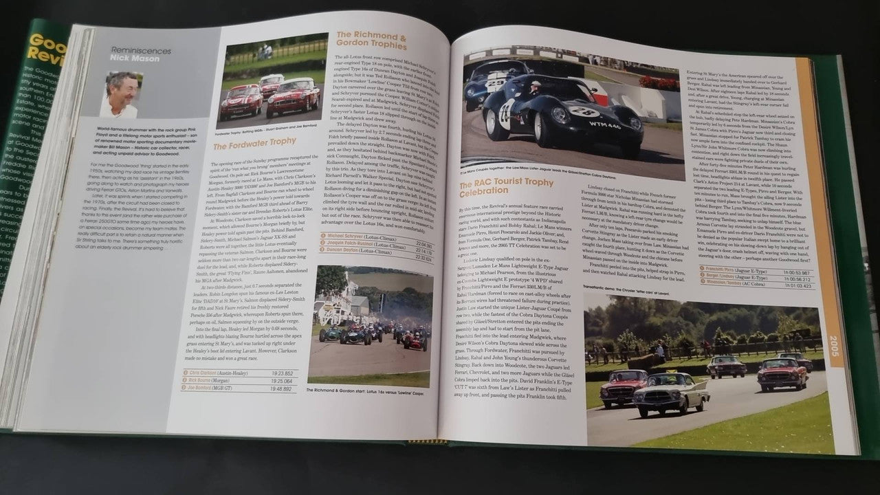 Open book spread with race car photos and columned printed text