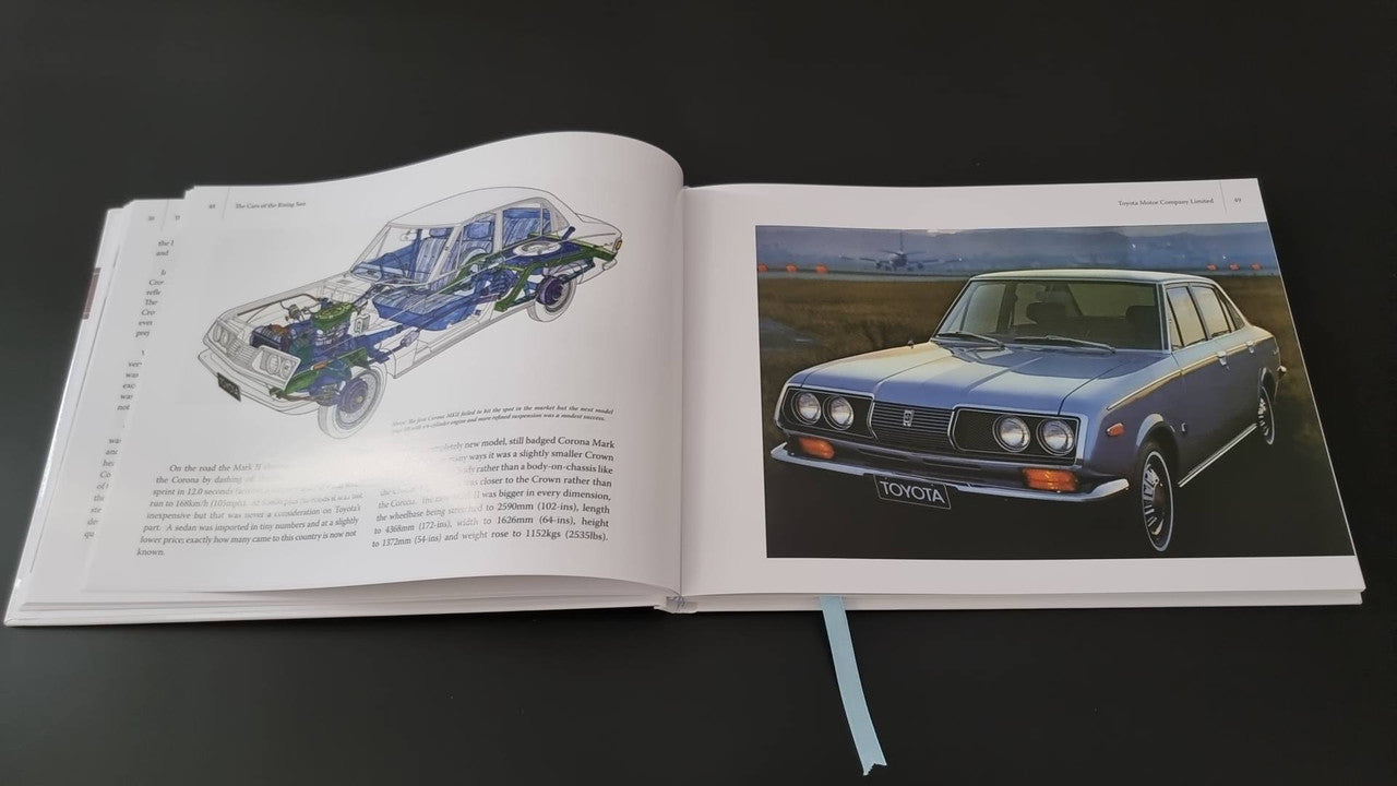Book open with blue and green classic car illustrations and explanatory text
