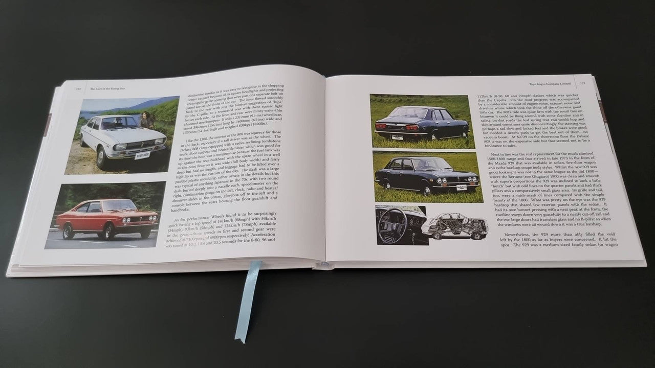 Automotive photo book by Gavin Farmer, open spread with multiple car photos and captions