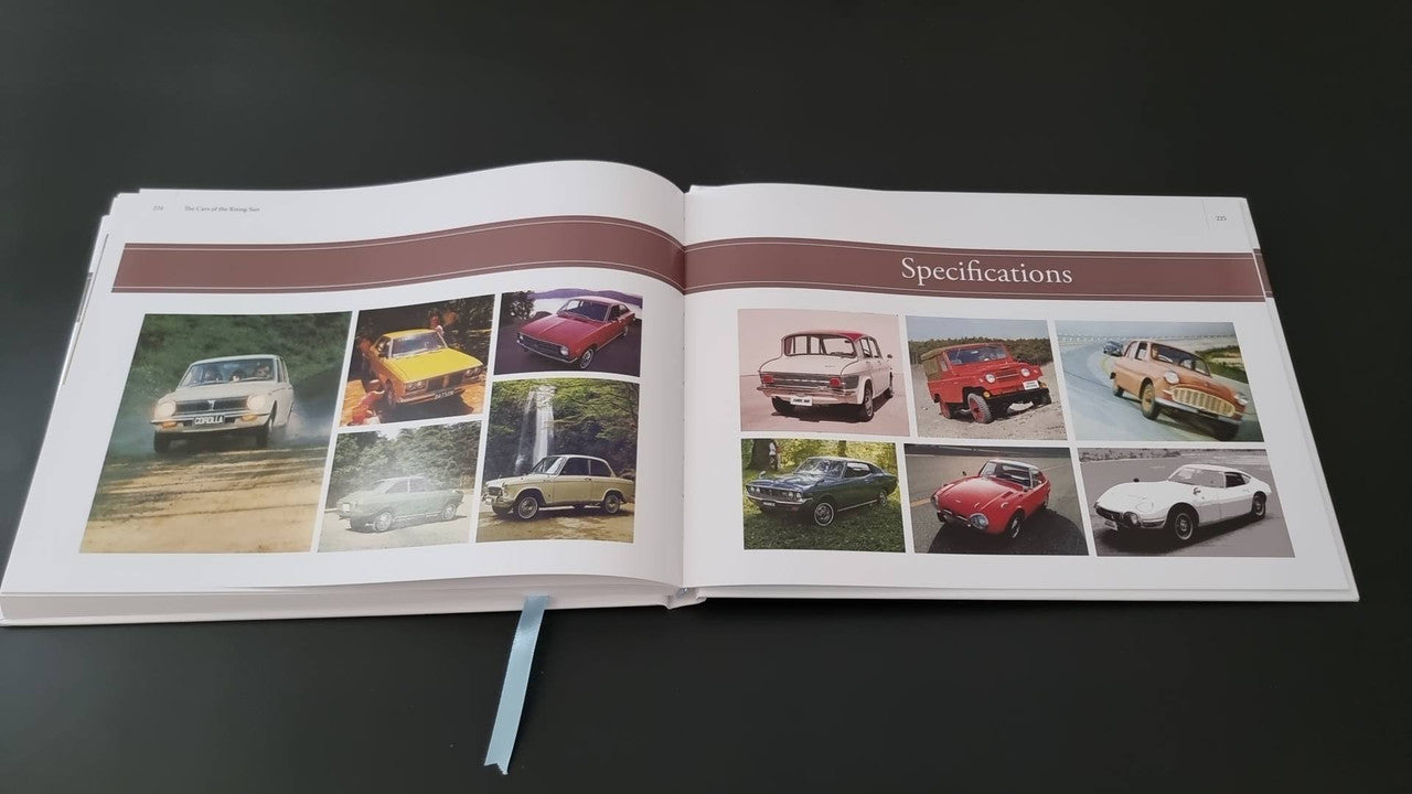 Book open to specifications page with a grid of small car photos