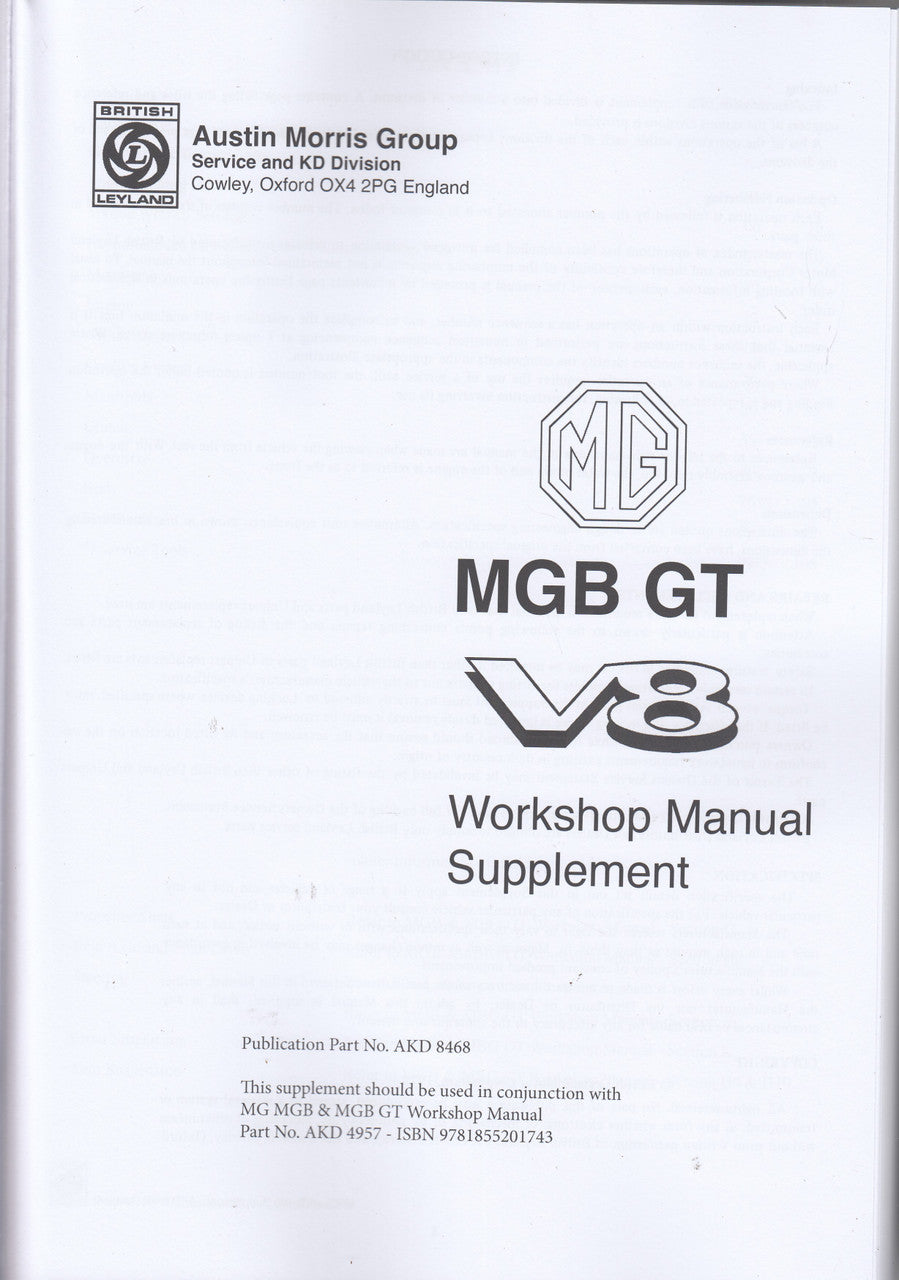 White MG MGB GT V8 workshop manual supplement cover with publisher details
