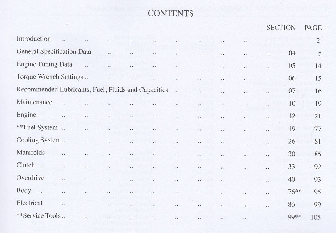 Workshop manual supplement contents page with section and page listings