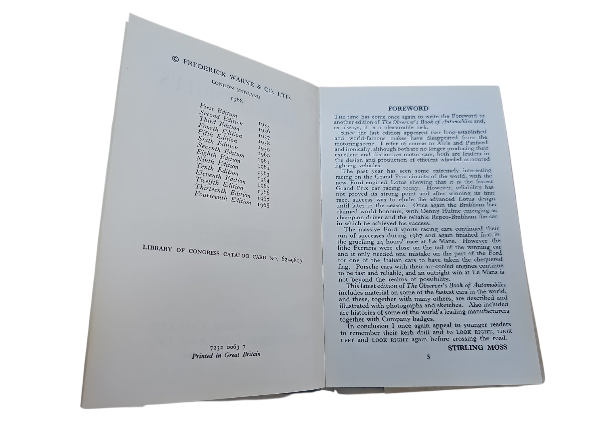 Open vintage automobile book showing forward and contents pages with printed text