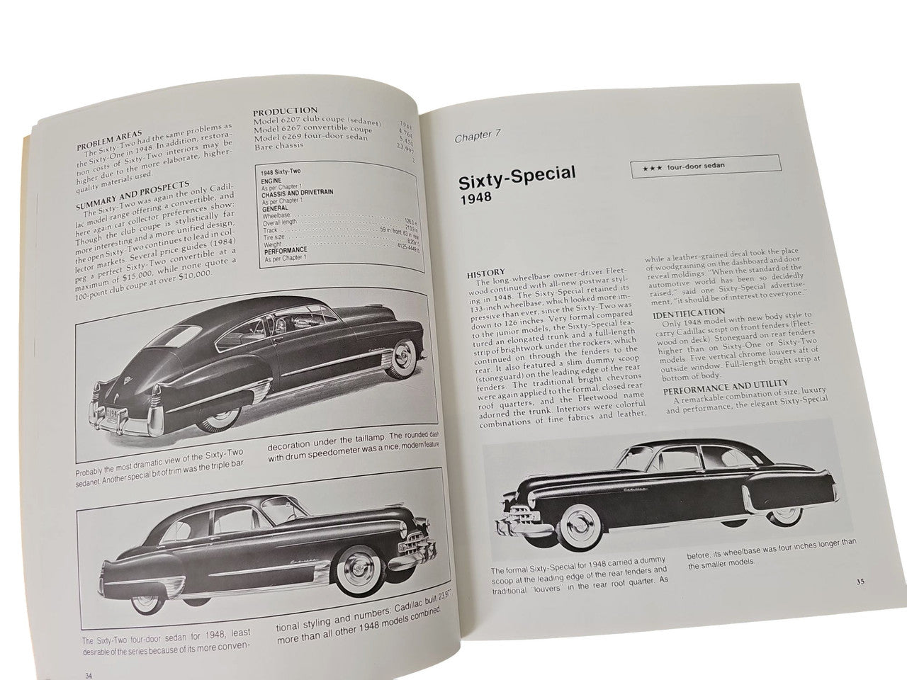 Vintage auto buyer's guide book open to pages with grayscale car illustrations