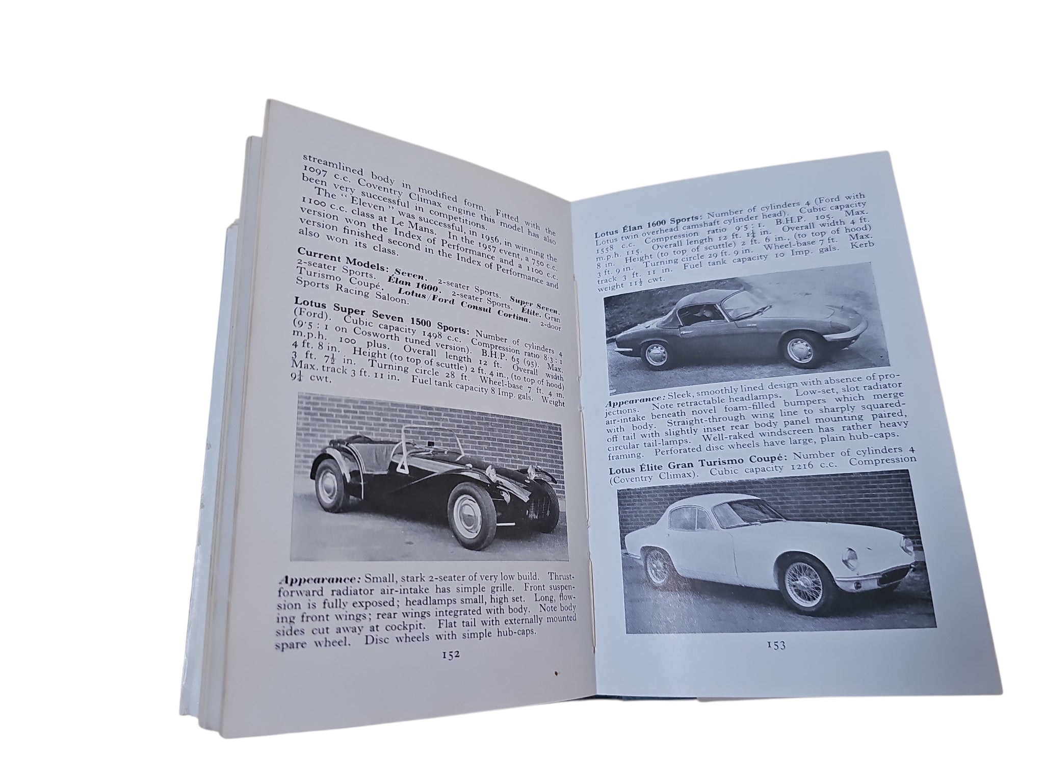 Opened book pages with car photos and captions, black-and-white illustrations