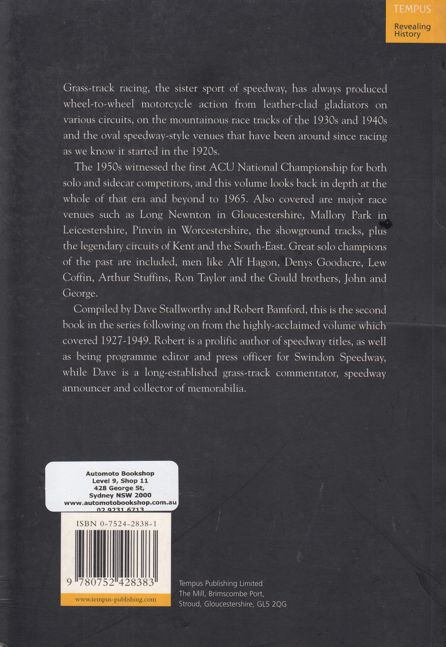 Grass-track racing history book back cover with summary text and barcode