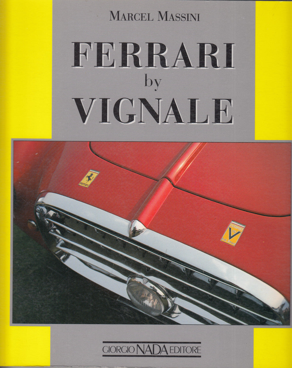 Ferrari by Vignale book cover with red car photo and yellow frame