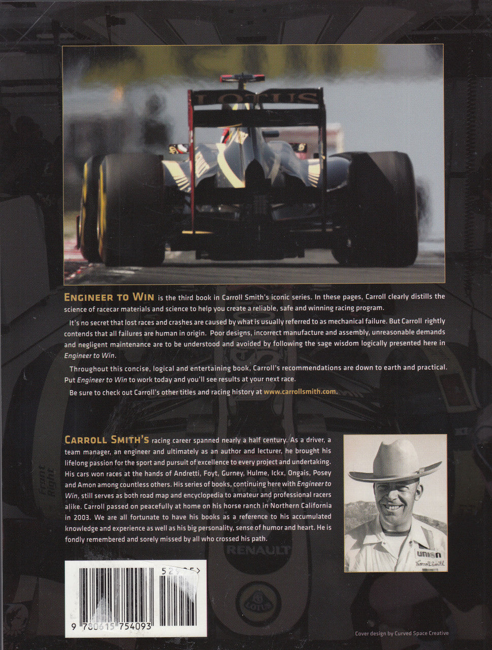 Racing car materials technology book back with car photo, barcode, author portrait, text blocks