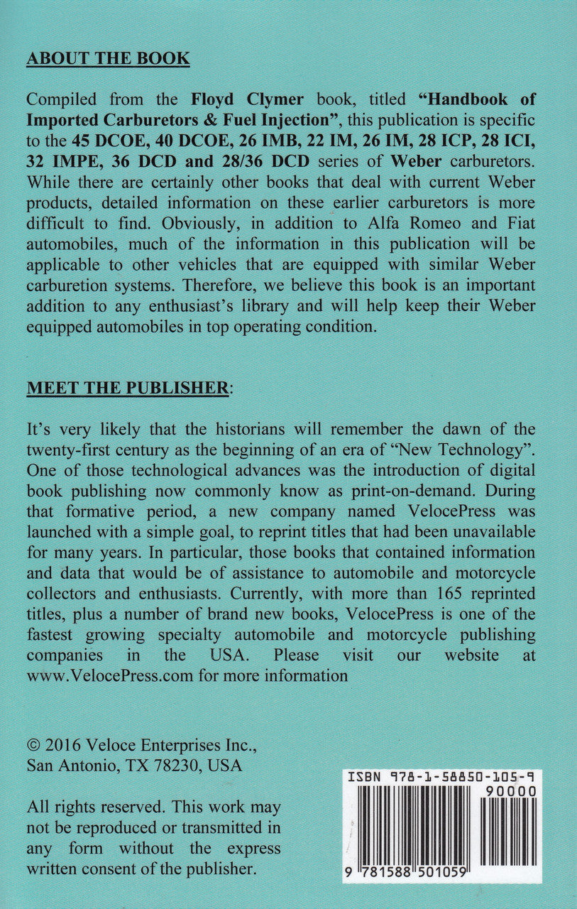 Weber carburetor book back cover with About the Book text block, barcode, and ISBN