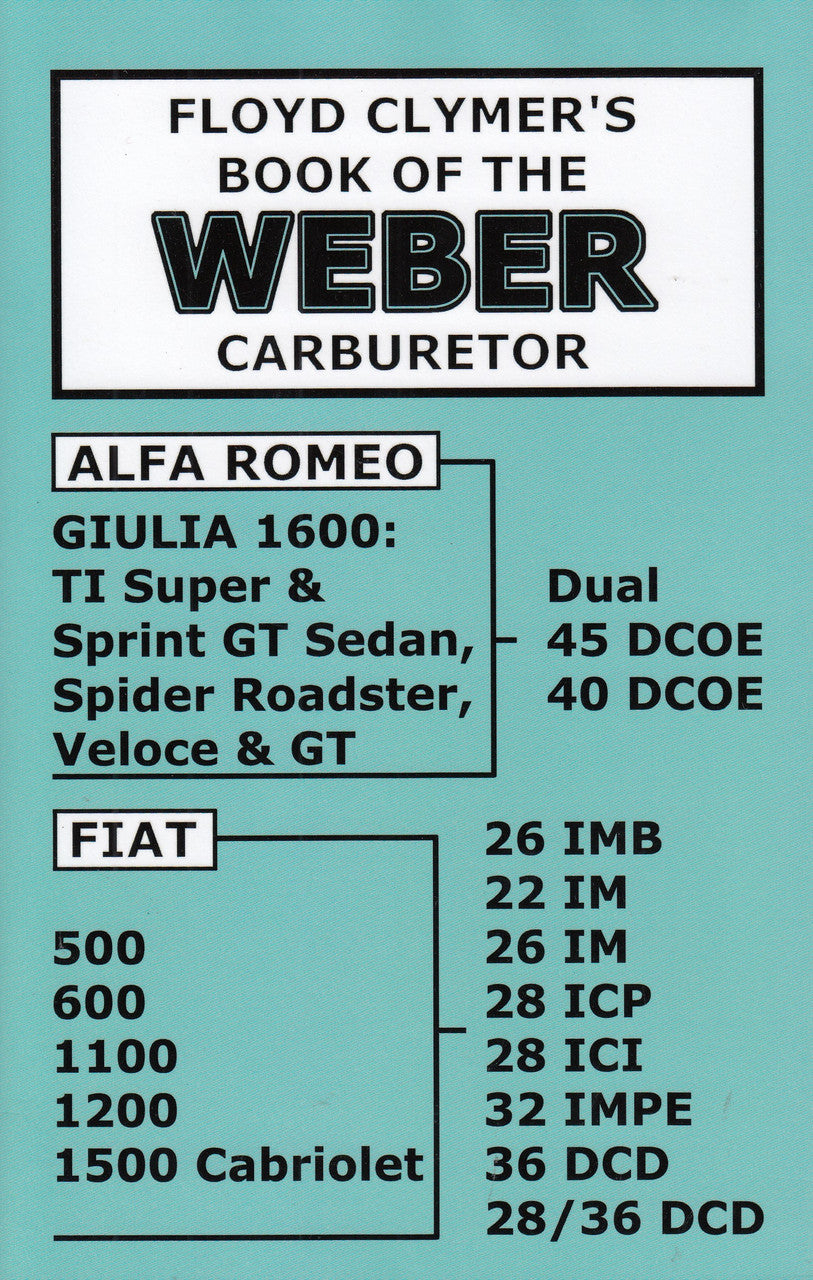 Weber carburetor repair book cover with title text and Alfa Romeo and Fiat model lists