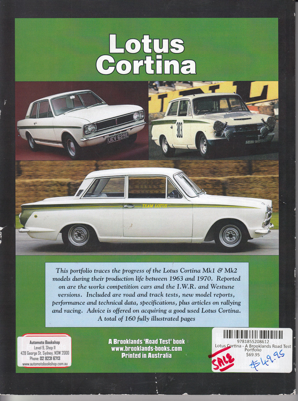 Lotus Cortina road test portfolio back cover with car photo and publication details