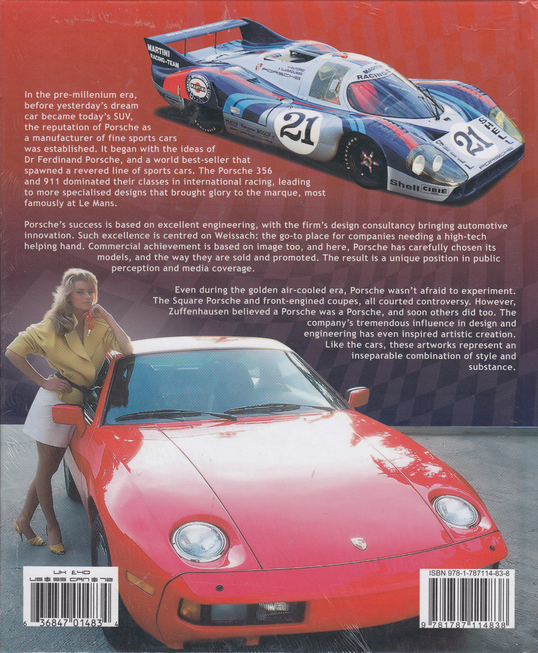 Back cover of book with red Porsche car photo and published text, Marc Cranswick.