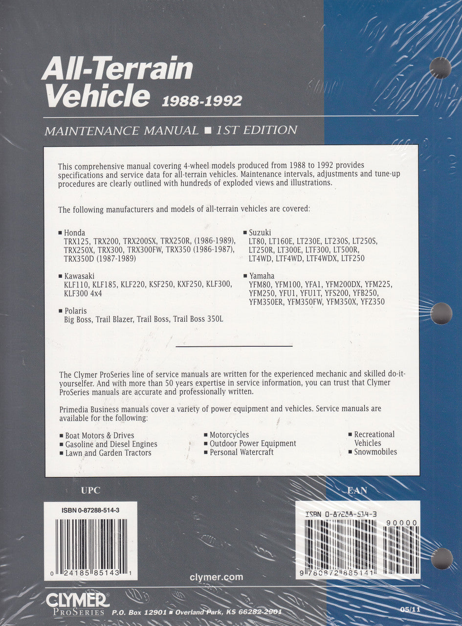 All-Terrain Vehicle 1988 - 1992 Volume 2 Clymer Maintenance Manual (9780872885141)