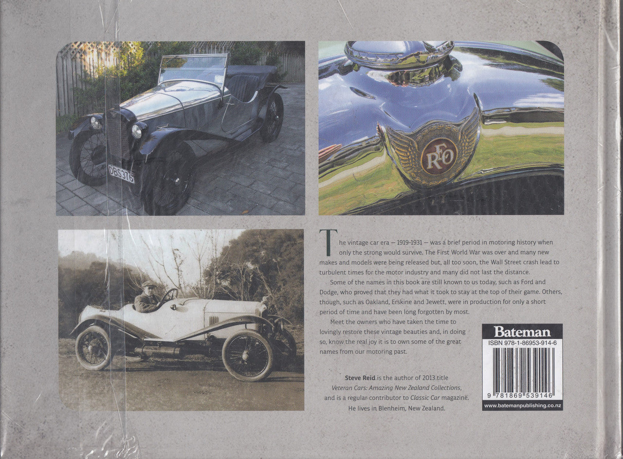 Vintage car book back cover with three photo panels of classic cars