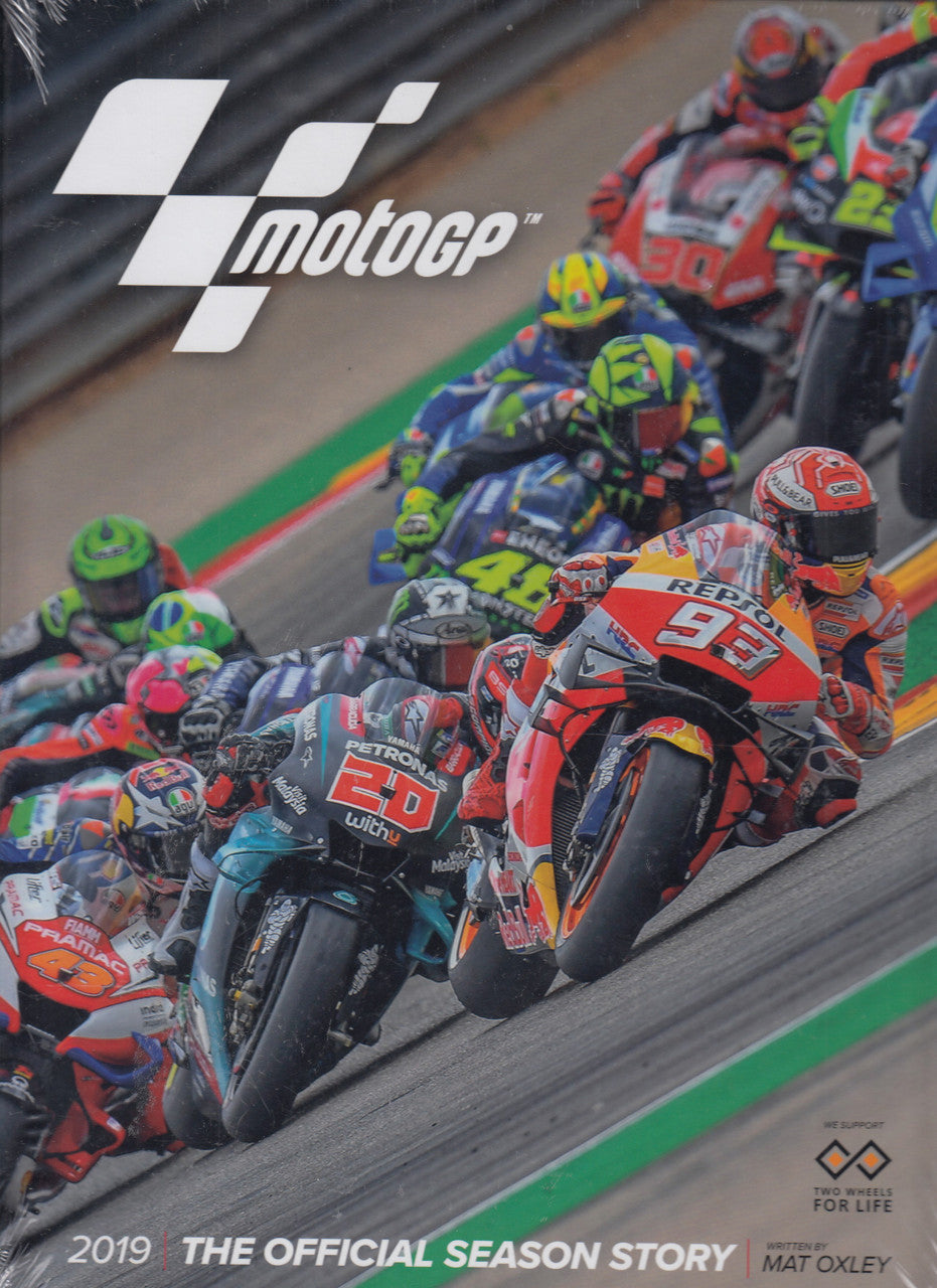 MotoGP 2019 official season story booklet, front cover with MotoGP logo and race bikes