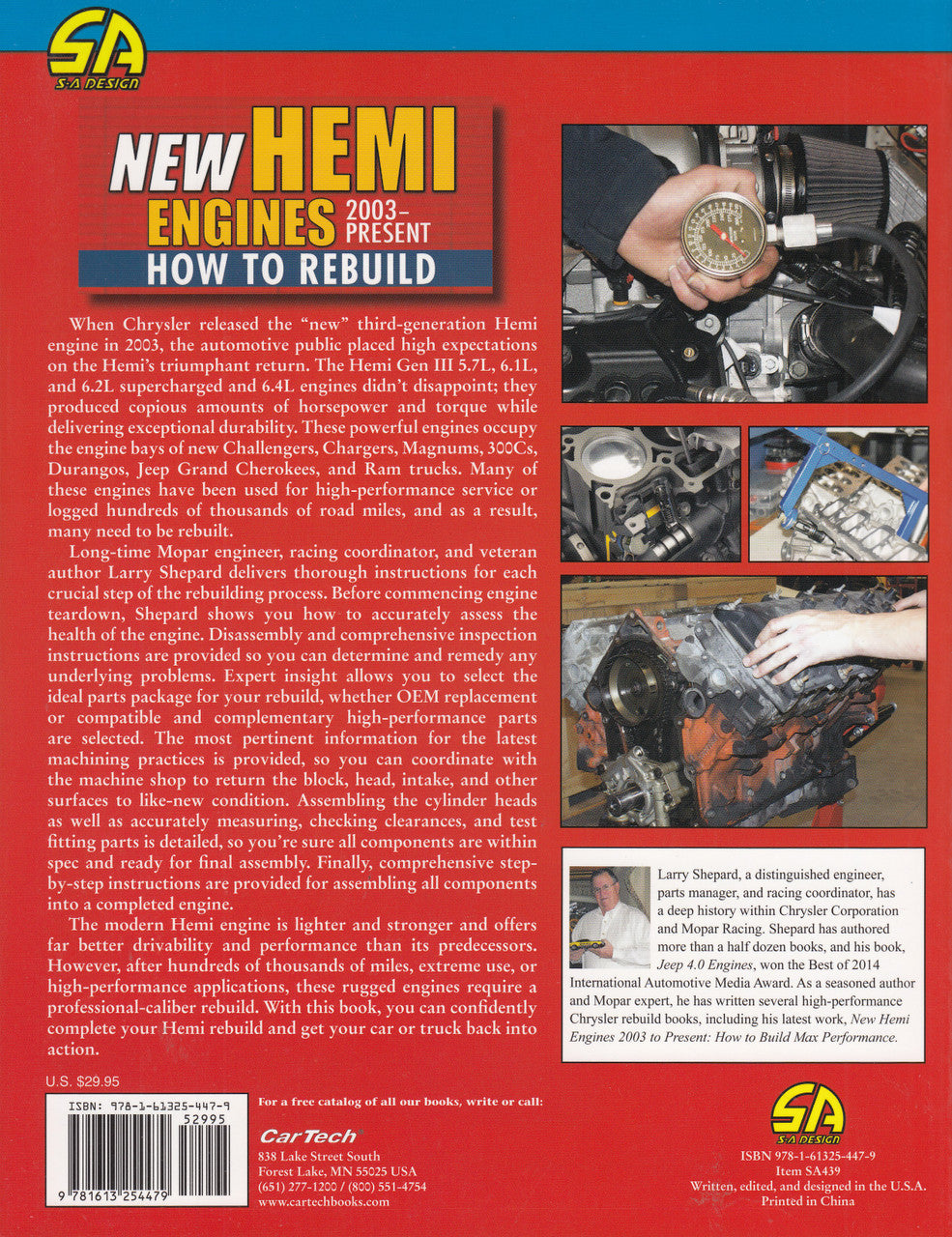 Back cover of Hemi engine rebuild guide with engine photos and service details.