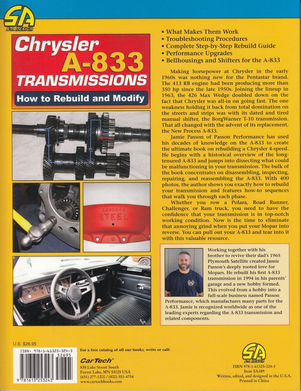 Back cover of Chrysler A-833 transmissions repair manual with diagram and feature text