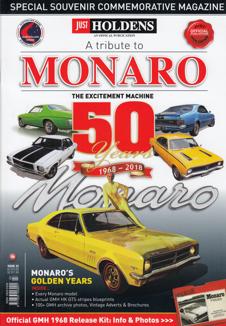 Commemorative Monaro magazine cover with “50 years” title and classic car collage