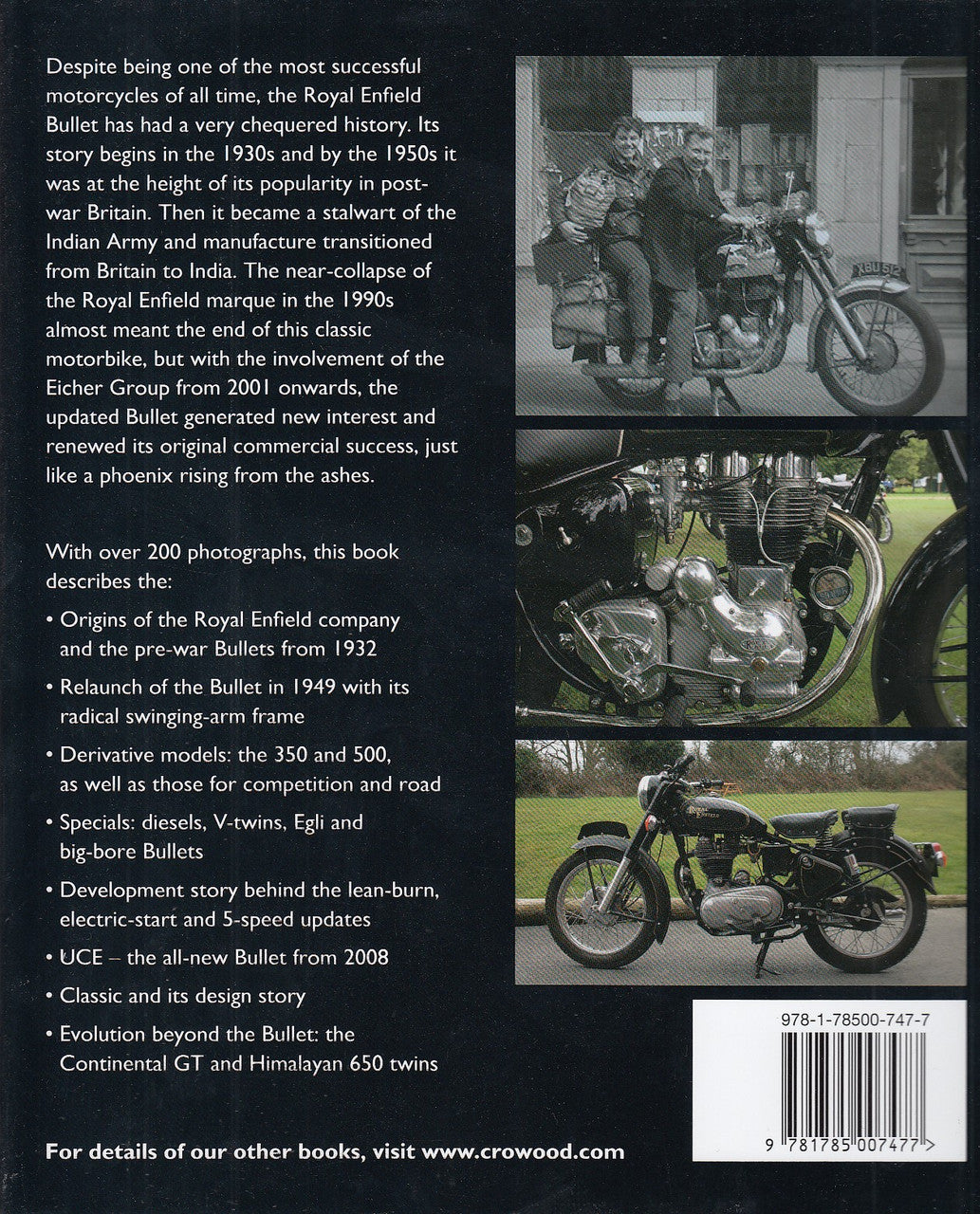 Motorcycle history book back cover with barcode and classic motorcycle photo.