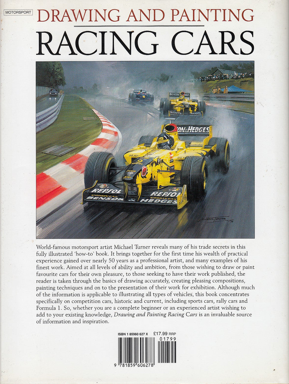 Racing cars drawing and painting book back cover with yellow race car photo and barcode